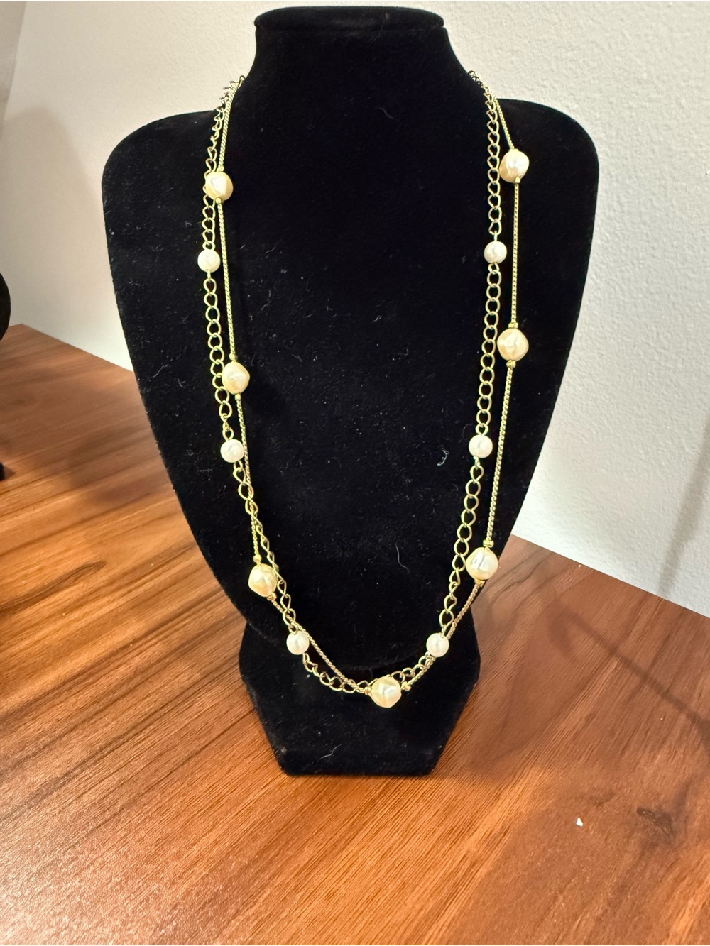 Gold and Cream Layered Pearl Bead Necklace 10” adjustable